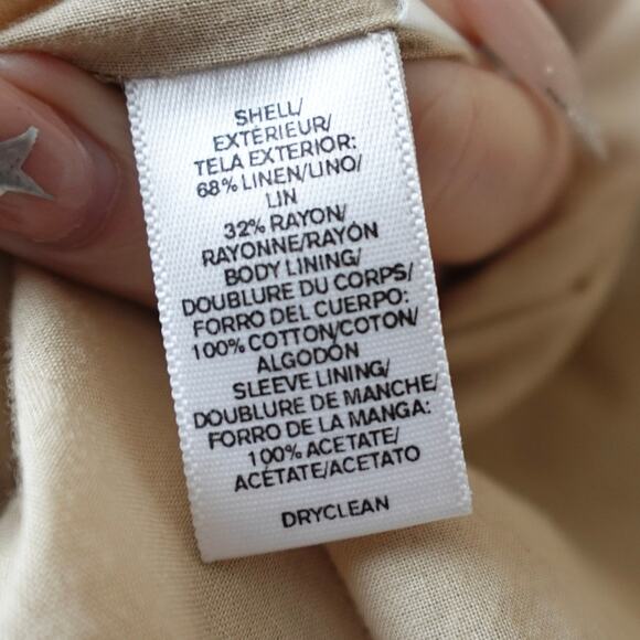 LOFT Linen Blend Striped Blazer Jacket Sz 12 Beige Navy Pleated Peplum Collarles - Picture 6 of 12